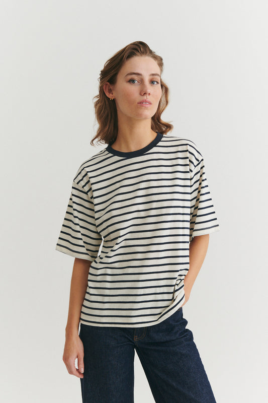 Raja Stripe Tee, Whisper White/Sky Captain, Basic Apparel