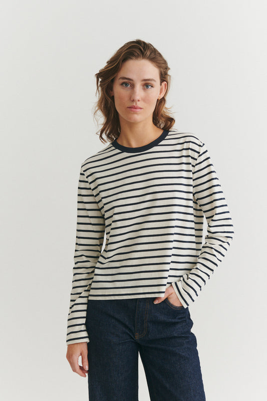 Raja LS Stripe Tee, Whisper White/Sky Captain, Basic Apparel
