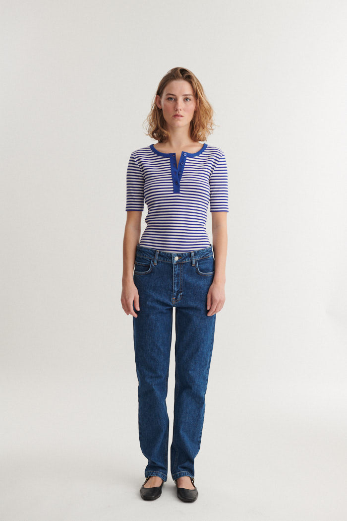 Ludmilla SS Stripe Granddad, Sodalite Blue/Whisper White, Basic Apparel
