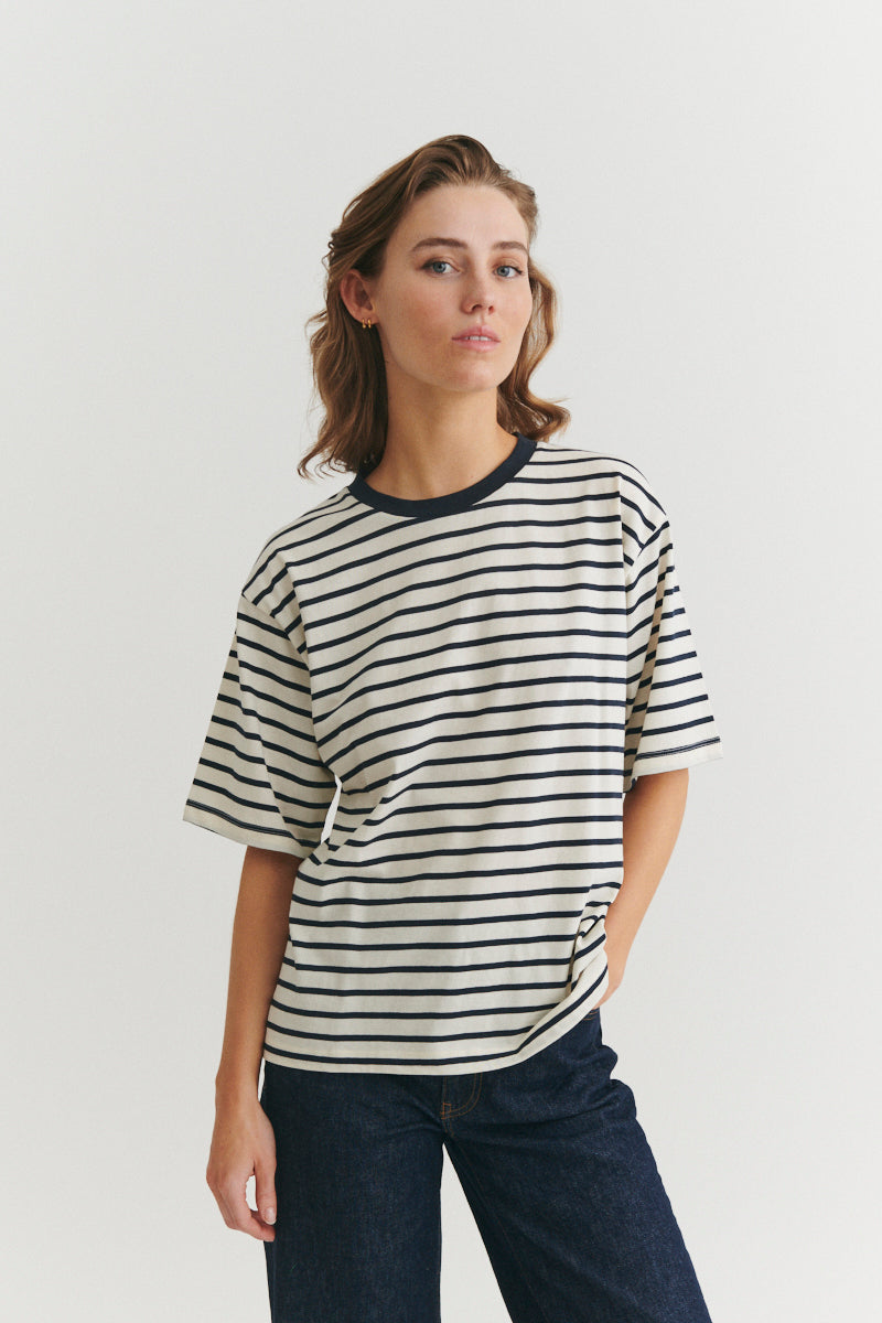 Raja Stripe Tee, Whisper White/Sky Captain, Basic Apparel