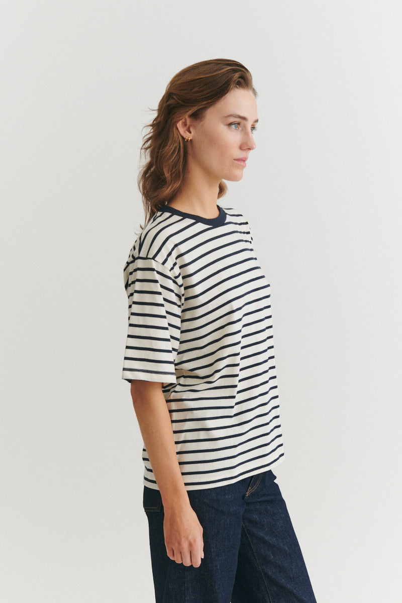 Raja Stripe Tee, Whisper White/Sky Captain, Basic Apparel