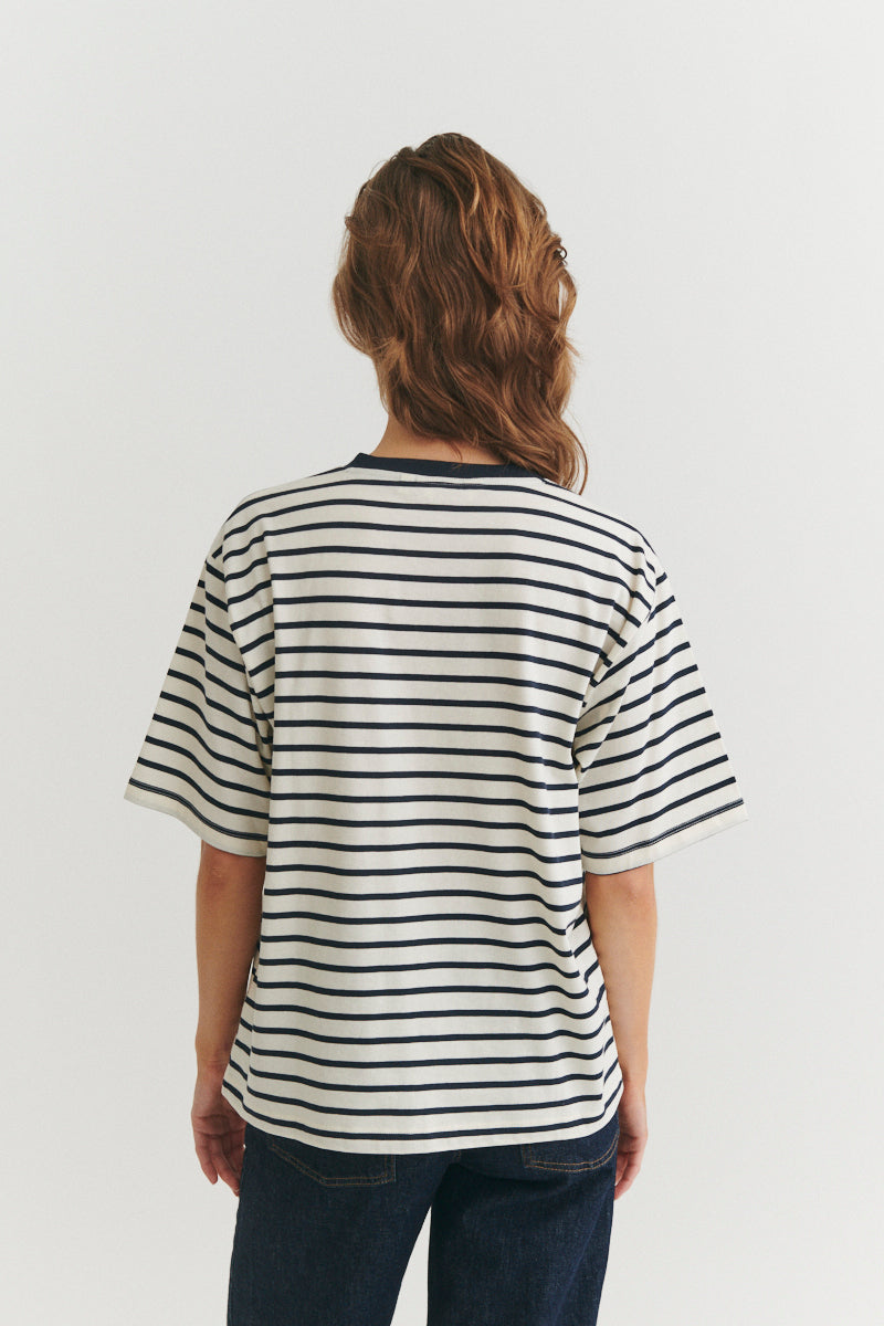 Raja Stripe Tee, Whisper White/Sky Captain, Basic Apparel