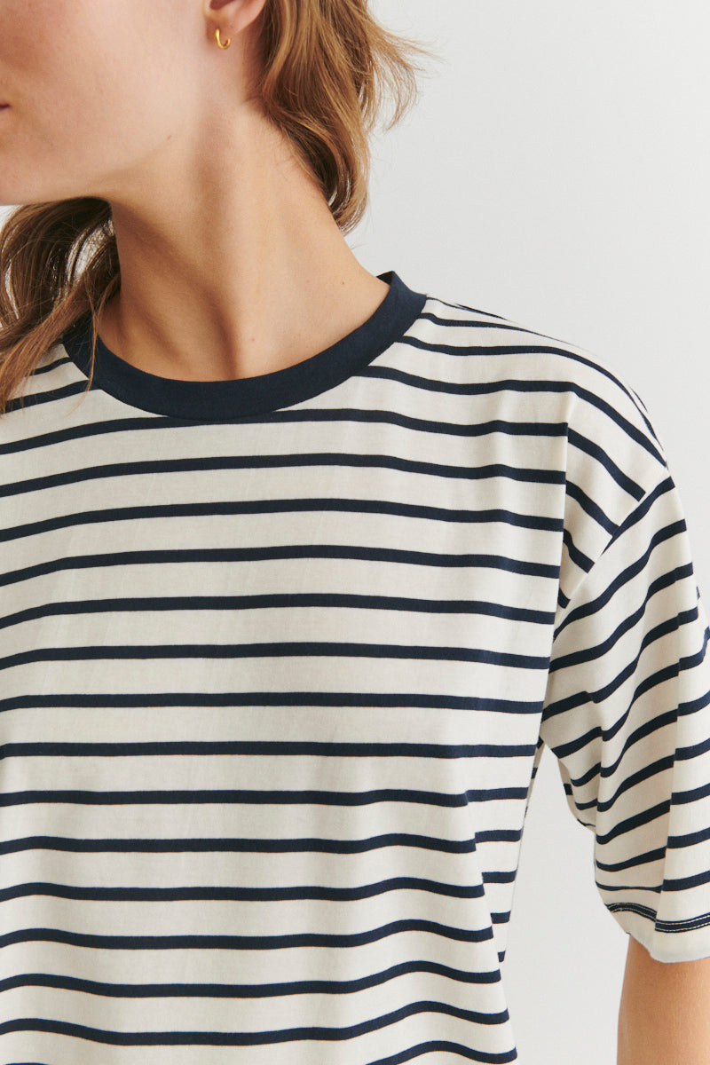 Raja Stripe Tee, Whisper White/Sky Captain, Basic Apparel