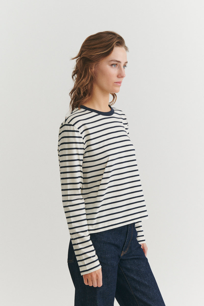 Raja LS Stripe Tee, Whisper White/Sky Captain, Basic Apparel