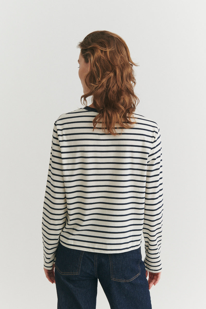 Raja LS Stripe Tee, Whisper White/Sky Captain, Basic Apparel
