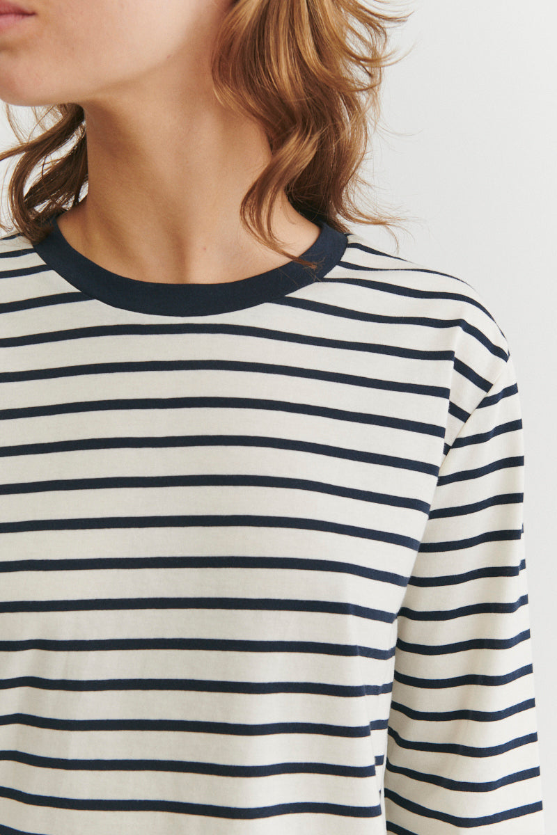 Raja LS Stripe Tee, Whisper White/Sky Captain, Basic Apparel