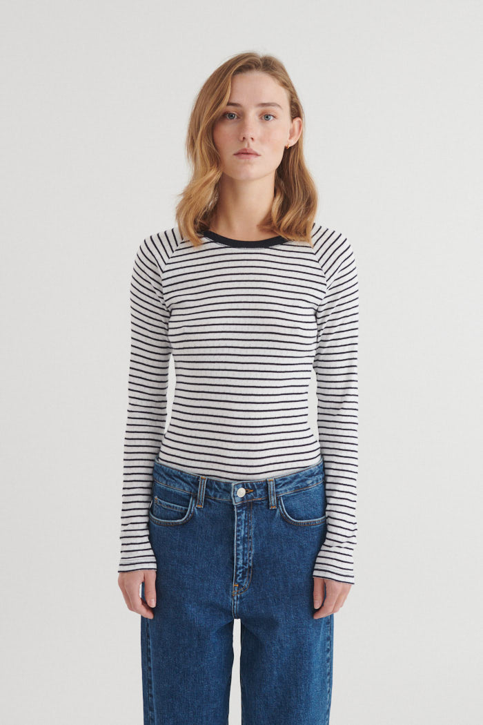 Arense LS Tee Stripe, Bright White/Sky Captain, Basic Apparel