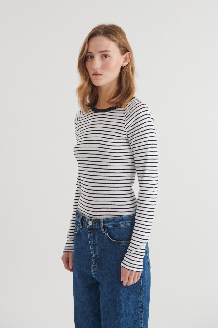 Arense LS Tee Stripe, Bright White/Sky Captain, Basic Apparel