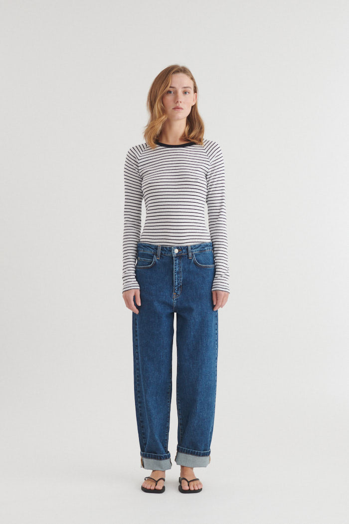 Arense LS Tee Stripe, Bright White/Sky Captain, Basic Apparel