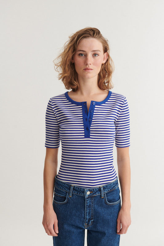 Ludmilla SS Stripe Granddad, Sodalite Blue/Whisper White, Basic Apparel