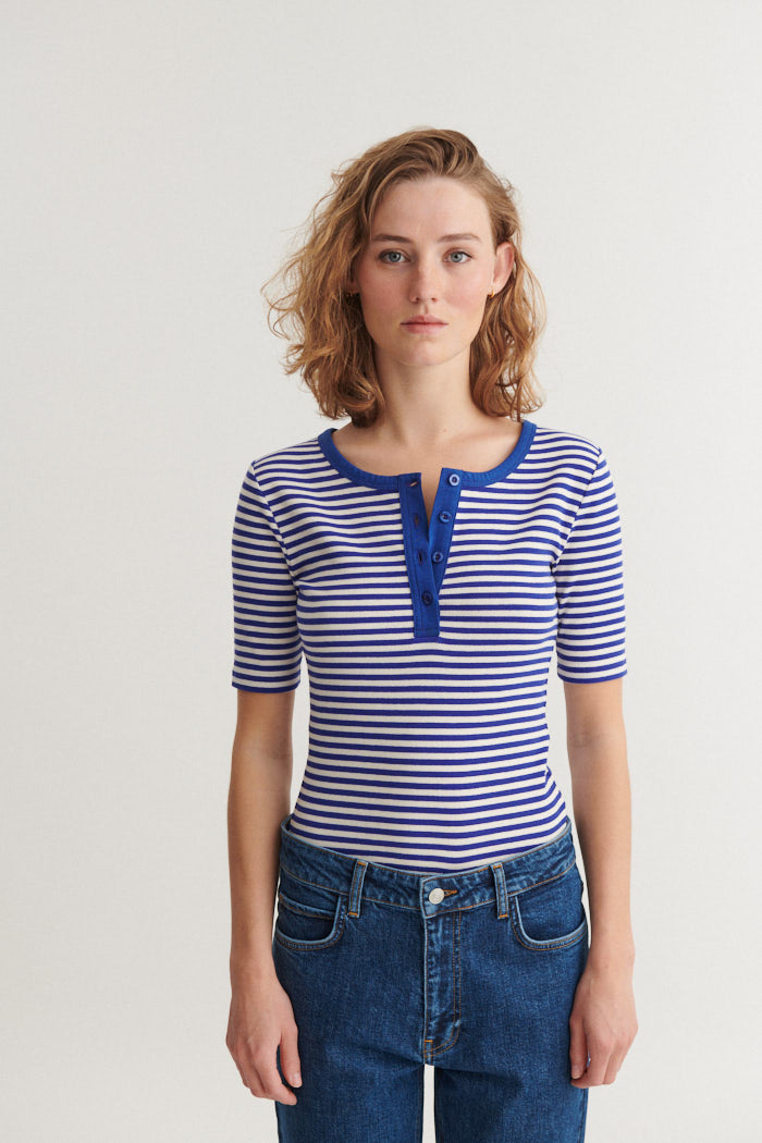 Ludmilla SS Stripe Granddad, Sodalite Blue/Whisper White, Basic Apparel