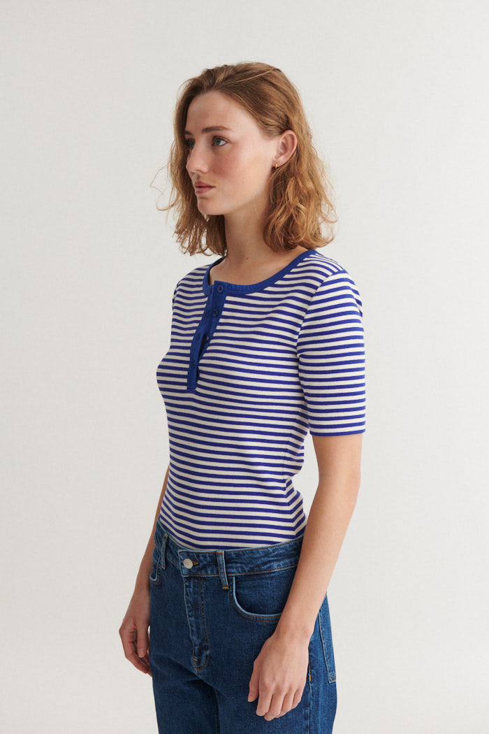 Ludmilla SS Stripe Granddad, Sodalite Blue/Whisper White, Basic Apparel