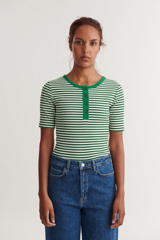 Ludmilla SS Stripe Granddad, Abundant Green/Whisper White, Basic Apparel