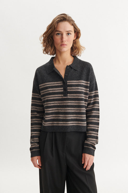 Selem Stripe Polo, Grey Melange/Portabella, Basic Apparel