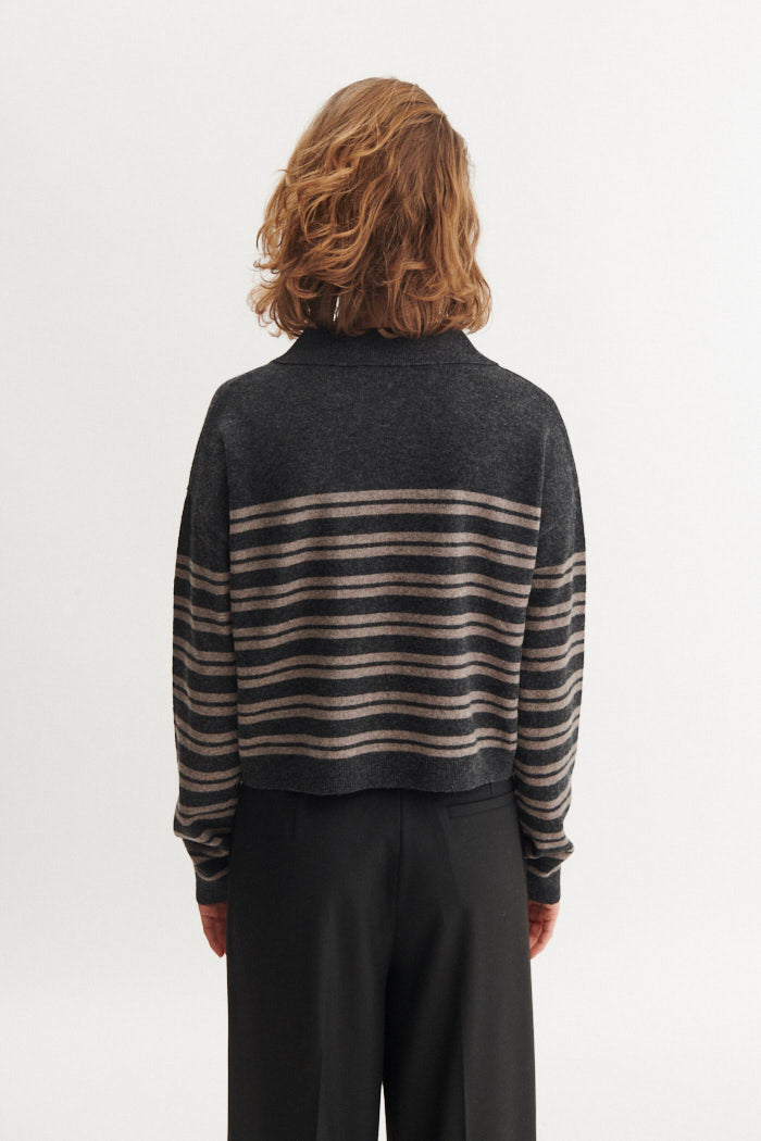 Selem Stripe Polo, Grey Melange/Portabella, Basic Apparel