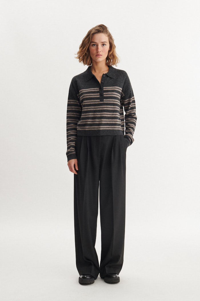 Selem Stripe Polo, Grey Melange/Portabella, Basic Apparel