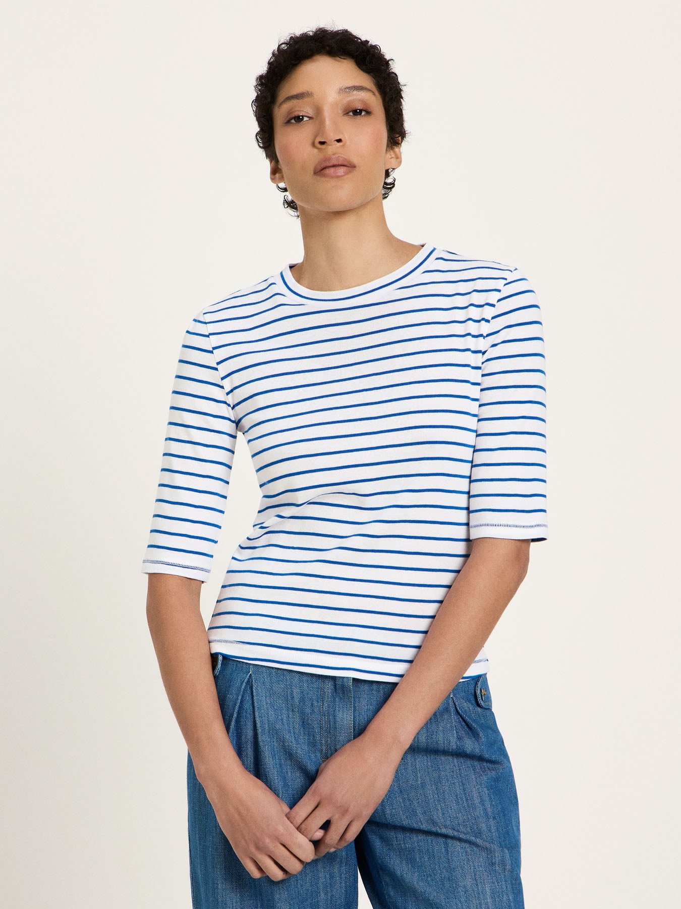 Bluse med 3/4 ærme, White/Lapis, Lanius