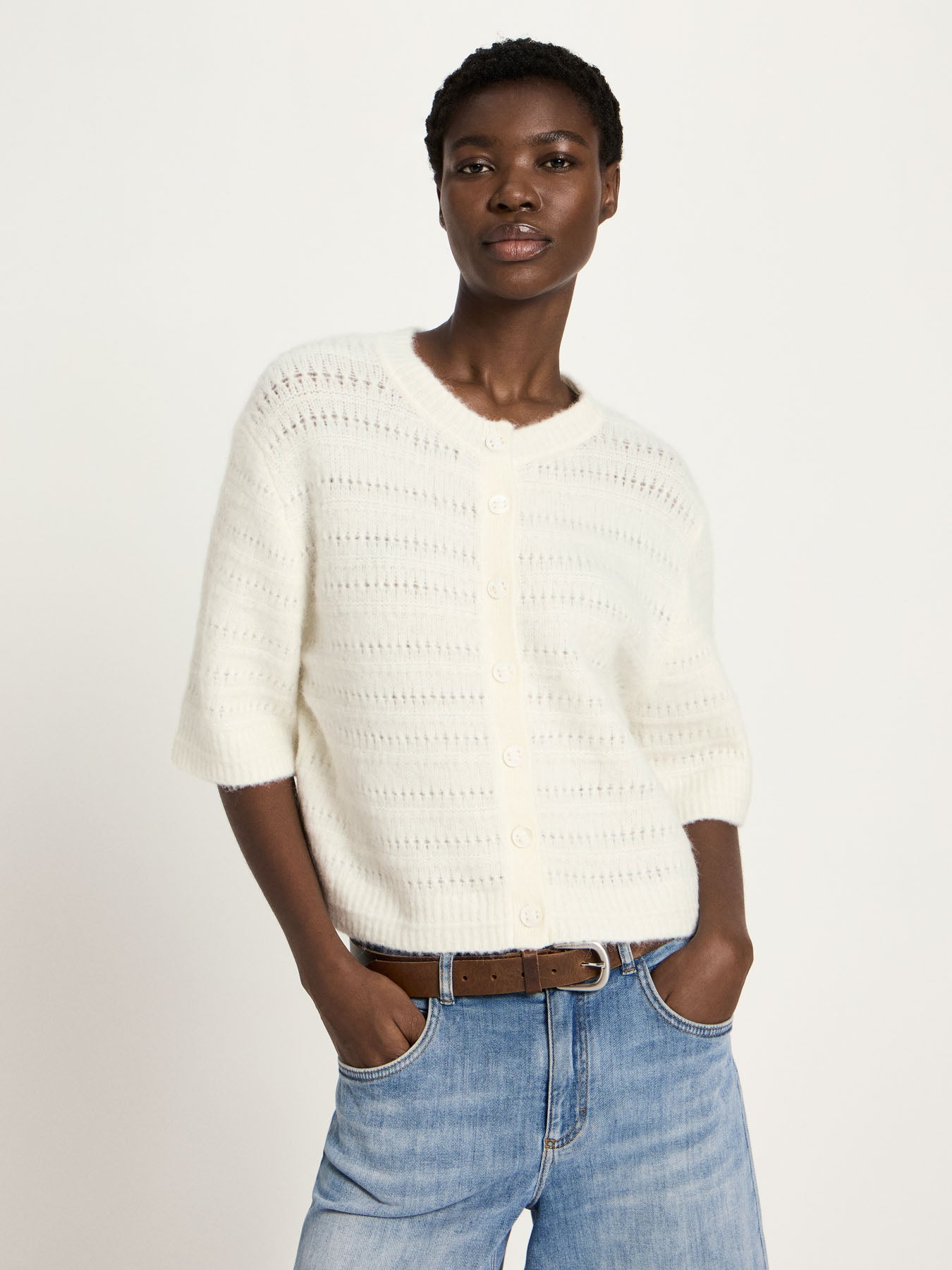 Cardigan med 3/4 ærme, Off White, Lanius
