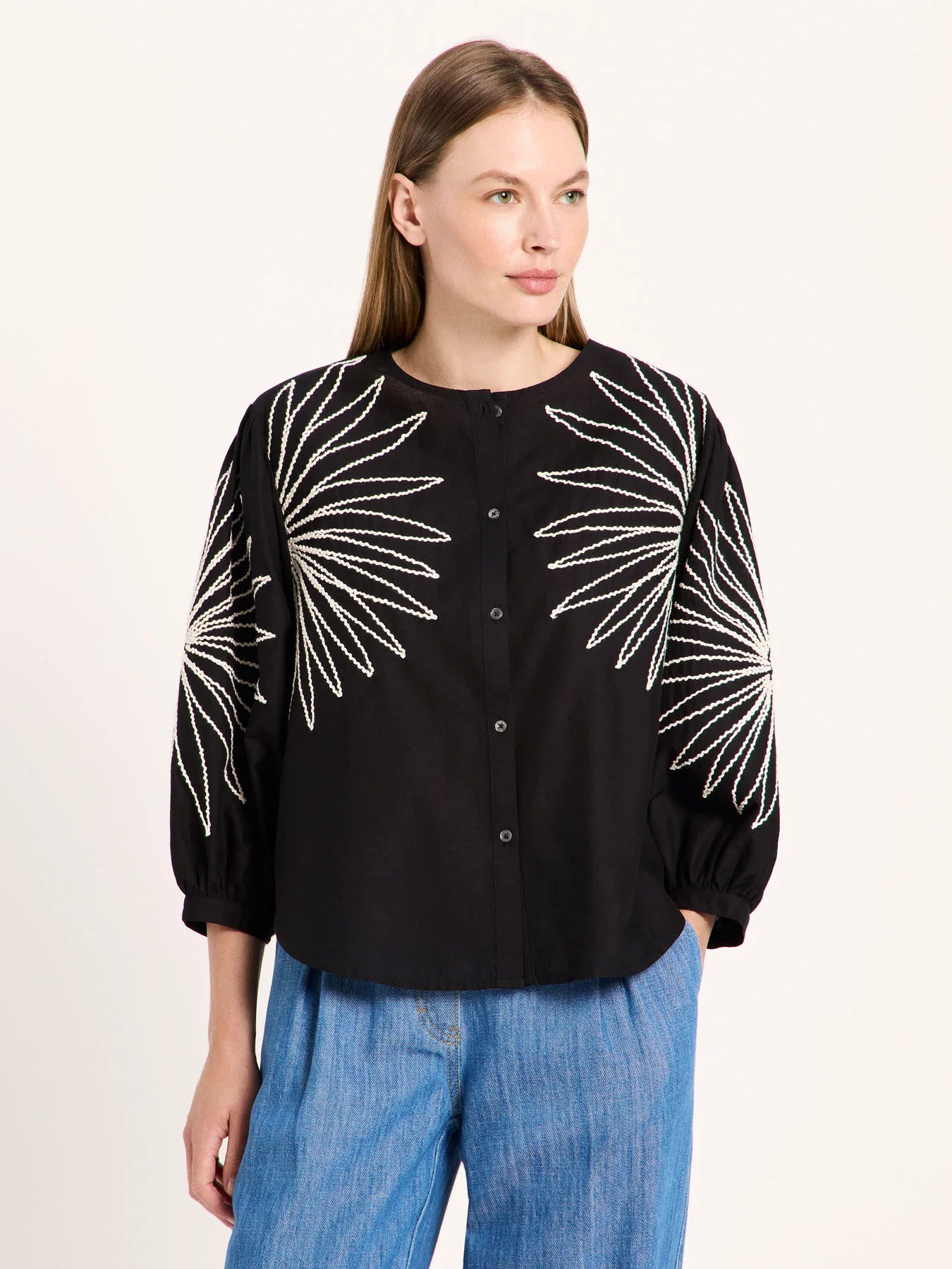 Skjorte m/ broderi, Black, Lanius