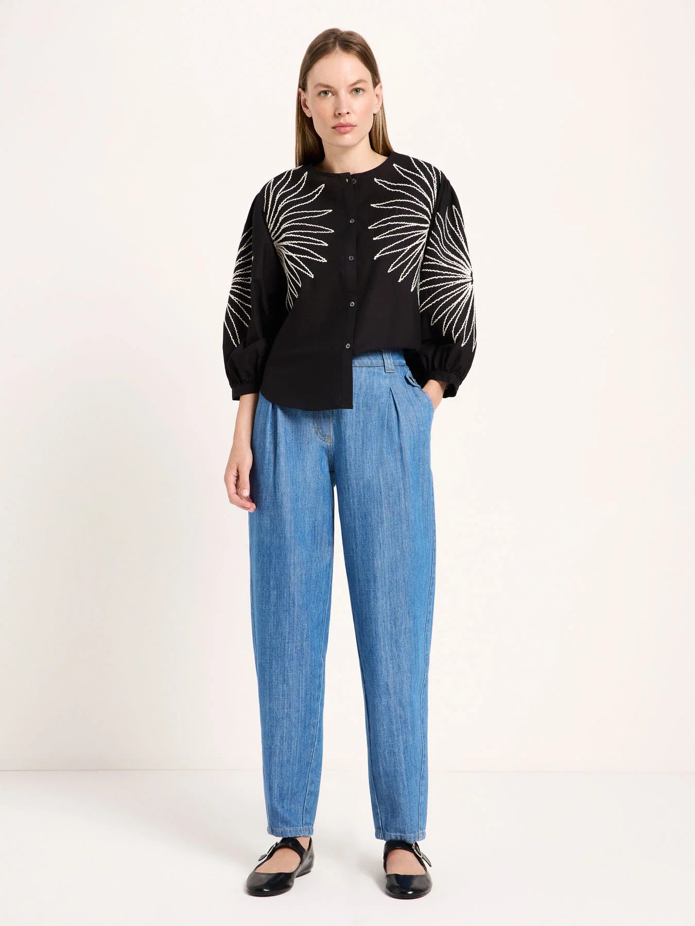 Skjorte m/ broderi, Black, Lanius